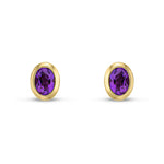 9ct Yellow Gold Oval Natural Amethyst Rubover Stud Earrings — 4x3mm