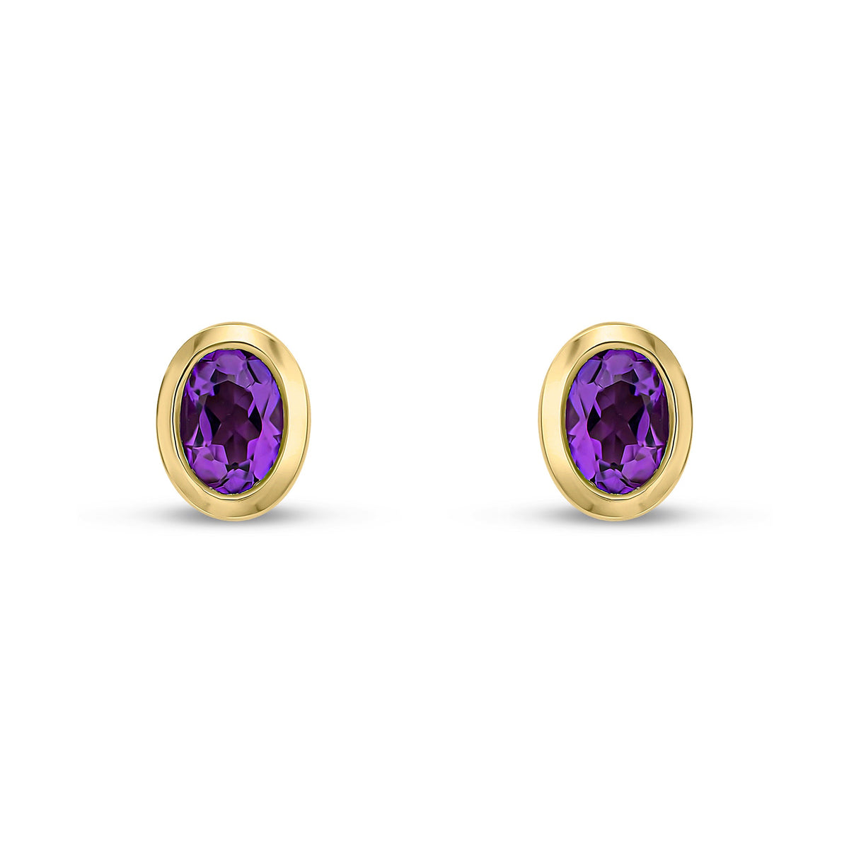 9ct Yellow Gold Oval Natural Amethyst Rubover Stud Earrings — 4x3mm