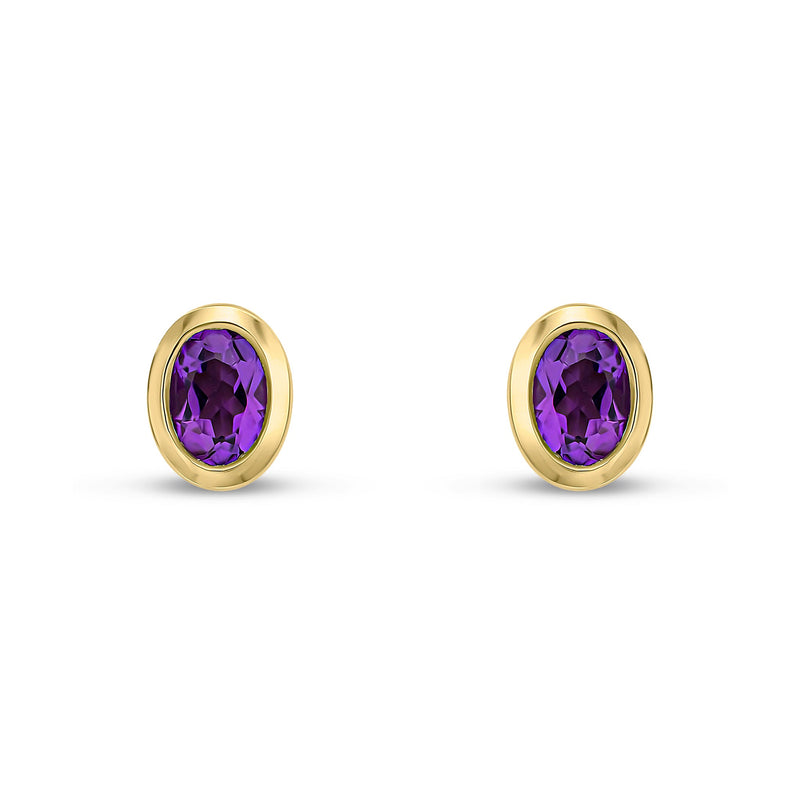 9ct Yellow Gold Oval Natural Amethyst Rubover Stud Earrings — 4x3mm