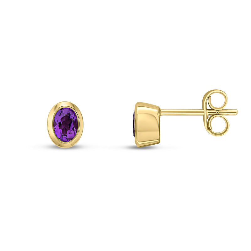 9ct Yellow Gold Oval Natural Amethyst Rubover Stud Earrings — 4x3mm