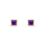 9ct Yellow Gold Square Natural Amethyst Rubover Stud Earrings — 4mm