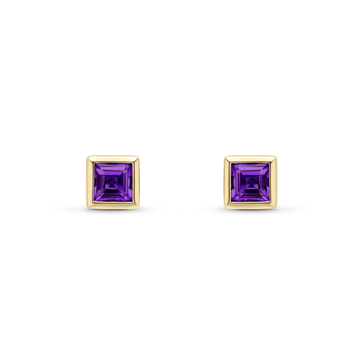 9ct Yellow Gold Square Natural Amethyst Rubover Stud Earrings — 4mm