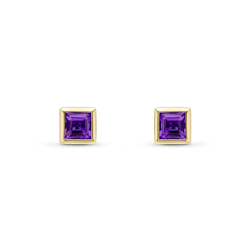 9ct Yellow Gold Square Natural Amethyst Rubover Stud Earrings — 4mm