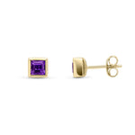 9ct Yellow Gold Square Natural Amethyst Rubover Stud Earrings — 4mm