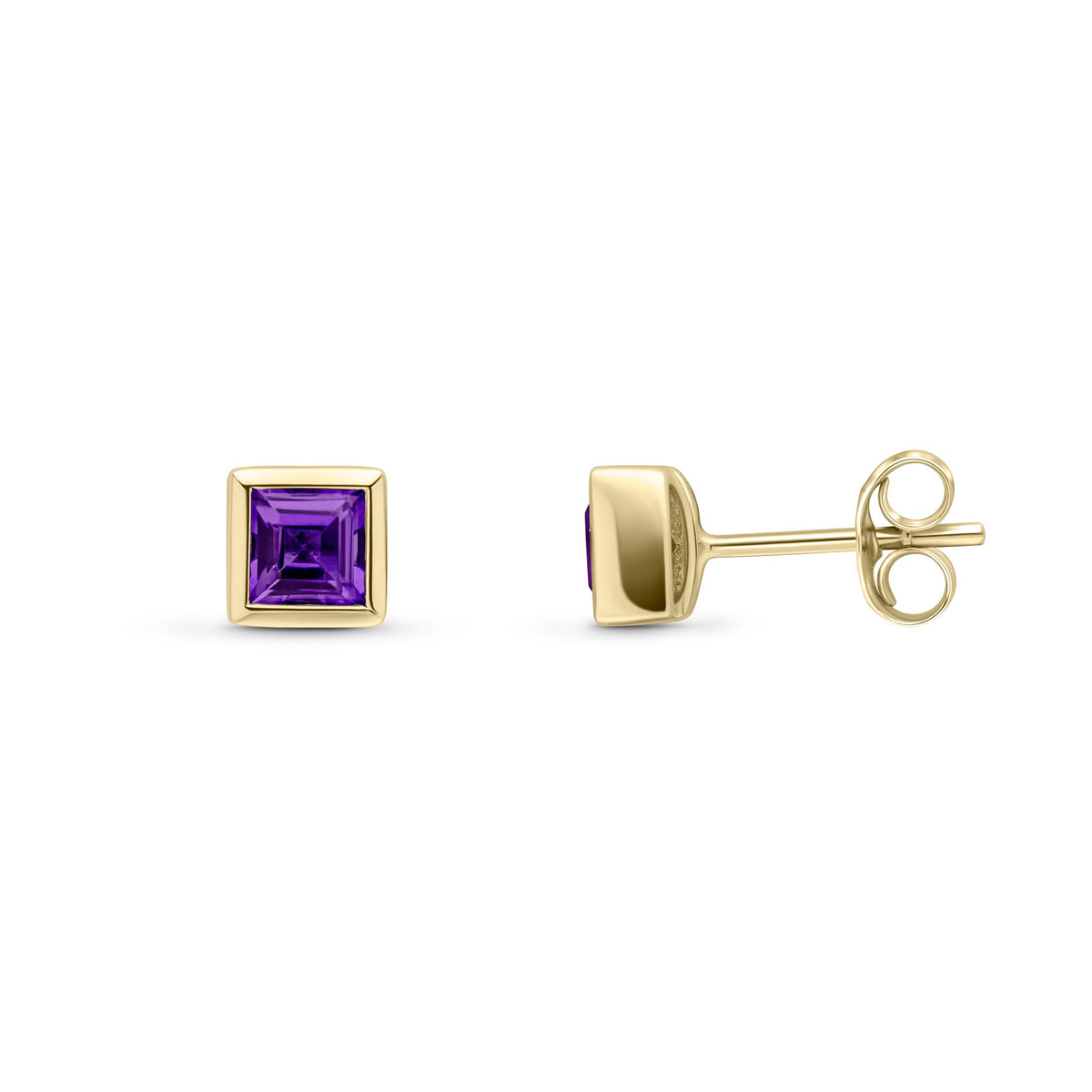 9ct Yellow Gold Square Natural Amethyst Rubover Stud Earrings — 4mm
