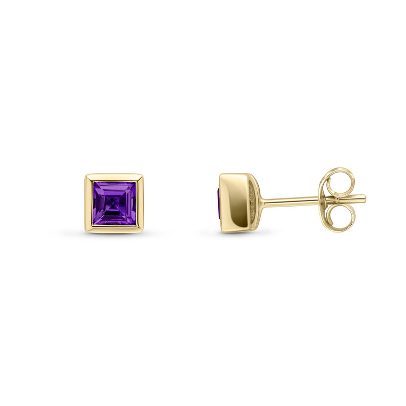 9ct Yellow Gold Square Natural Amethyst Rubover Stud Earrings — 4mm