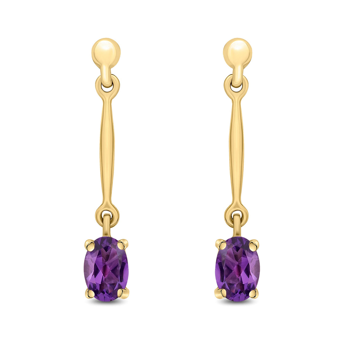 9ct Yellow Gold Oval Natural Amethyst Claw Bar Drop Earrings — 6x4mm
