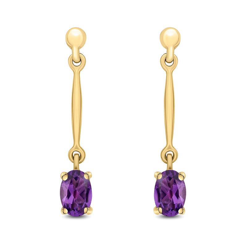 9ct Yellow Gold Oval Natural Amethyst Claw Bar Drop Earrings — 6x4mm