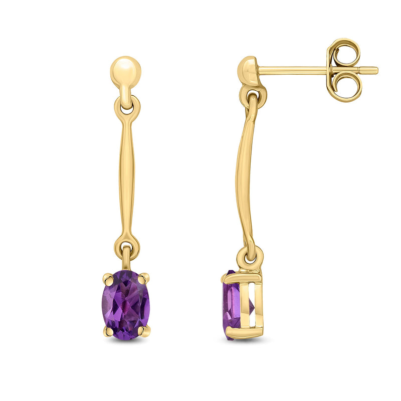 9ct Yellow Gold Oval Natural Amethyst Claw Bar Drop Earrings — 6x4mm
