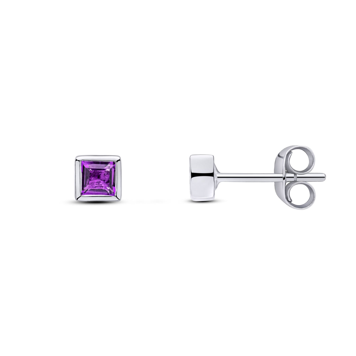 9ct White Gold Square Natural Amethyst Rubover Stud Earrings — 3mm