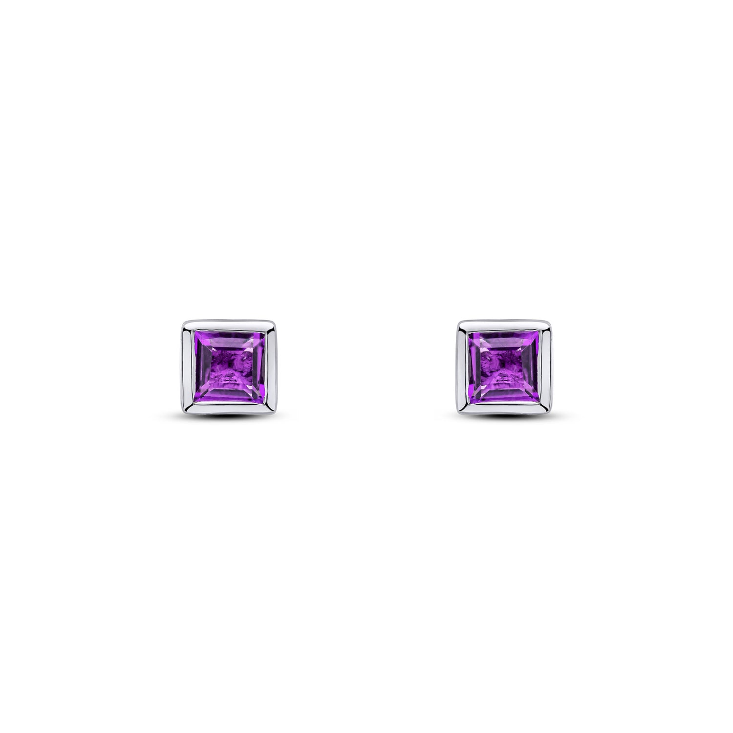9ct White Gold Square Natural Amethyst Rubover Stud Earrings — 3mm