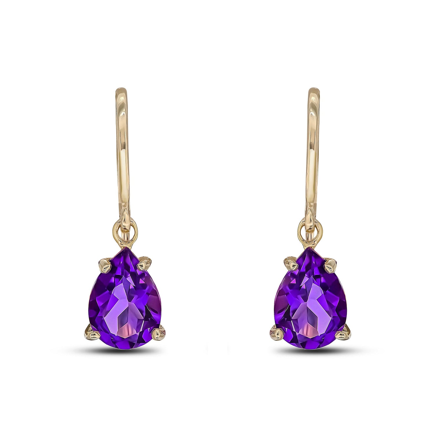 9ct Yellow Gold Pear Shaped Natural Amethyst Claw Hook Drop Earrings — 7x5mm
