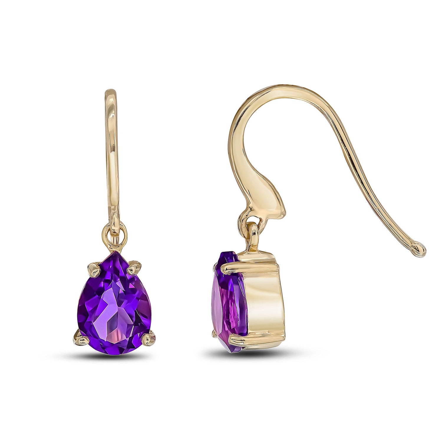 9ct Yellow Gold Pear Shaped Natural Amethyst Claw Hook Drop Earrings — 7x5mm