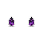 9ct White Gold Pear Shaped Natural Amethyst Rubover Stud Earrings — 5x3mm