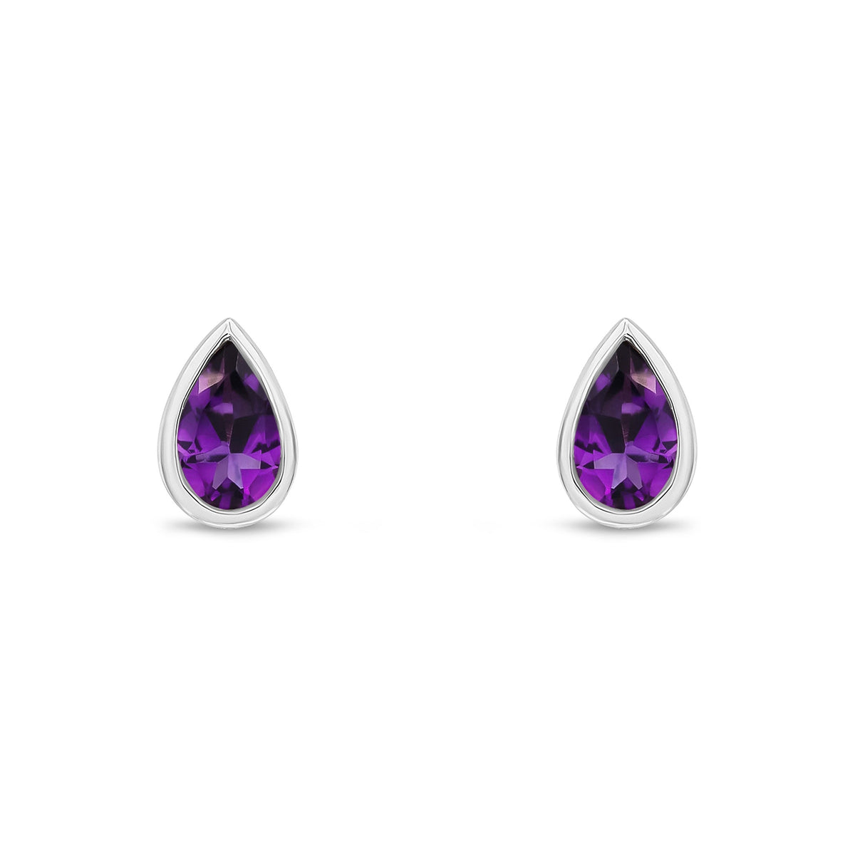 9ct White Gold Pear Shaped Natural Amethyst Rubover Stud Earrings — 5x3mm