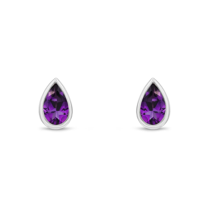 9ct White Gold Pear Shaped Natural Amethyst Rubover Stud Earrings — 5x3mm
