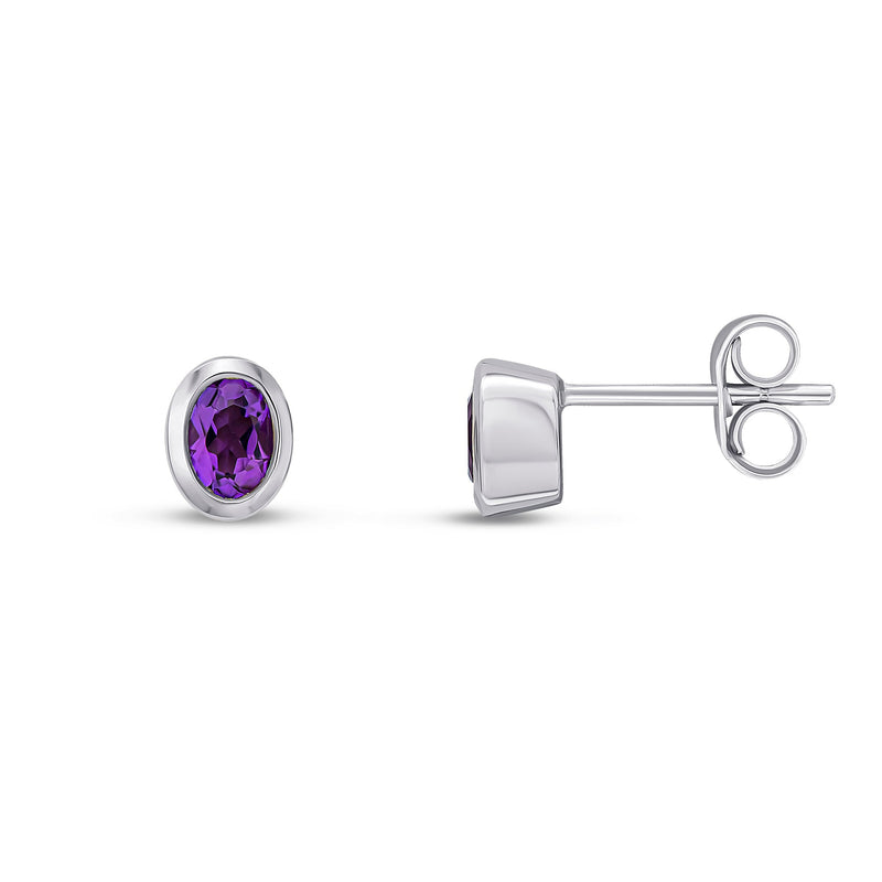 9ct White Gold Oval Natural Amethyst Rubover Stud Earrings — 4x3mm