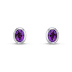 9ct White Gold Oval Natural Amethyst Rubover Stud Earrings — 4x3mm