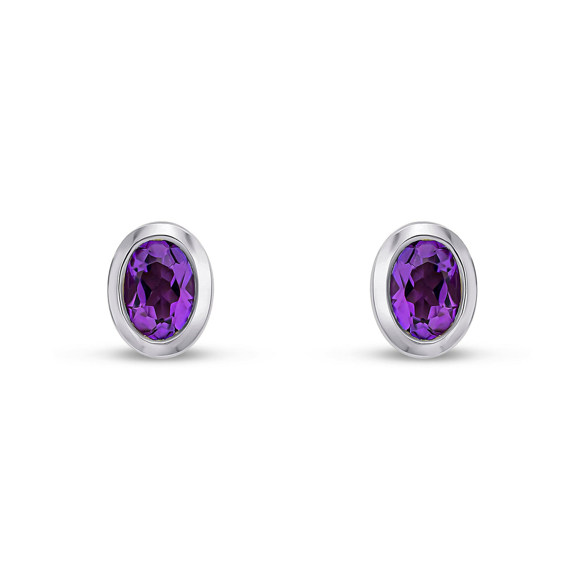 9ct White Gold Oval Natural Amethyst Rubover Stud Earrings — 4x3mm