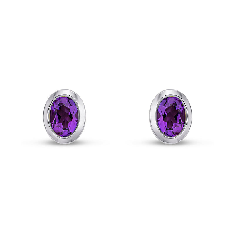 9ct White Gold Oval Natural Amethyst Rubover Stud Earrings — 4x3mm