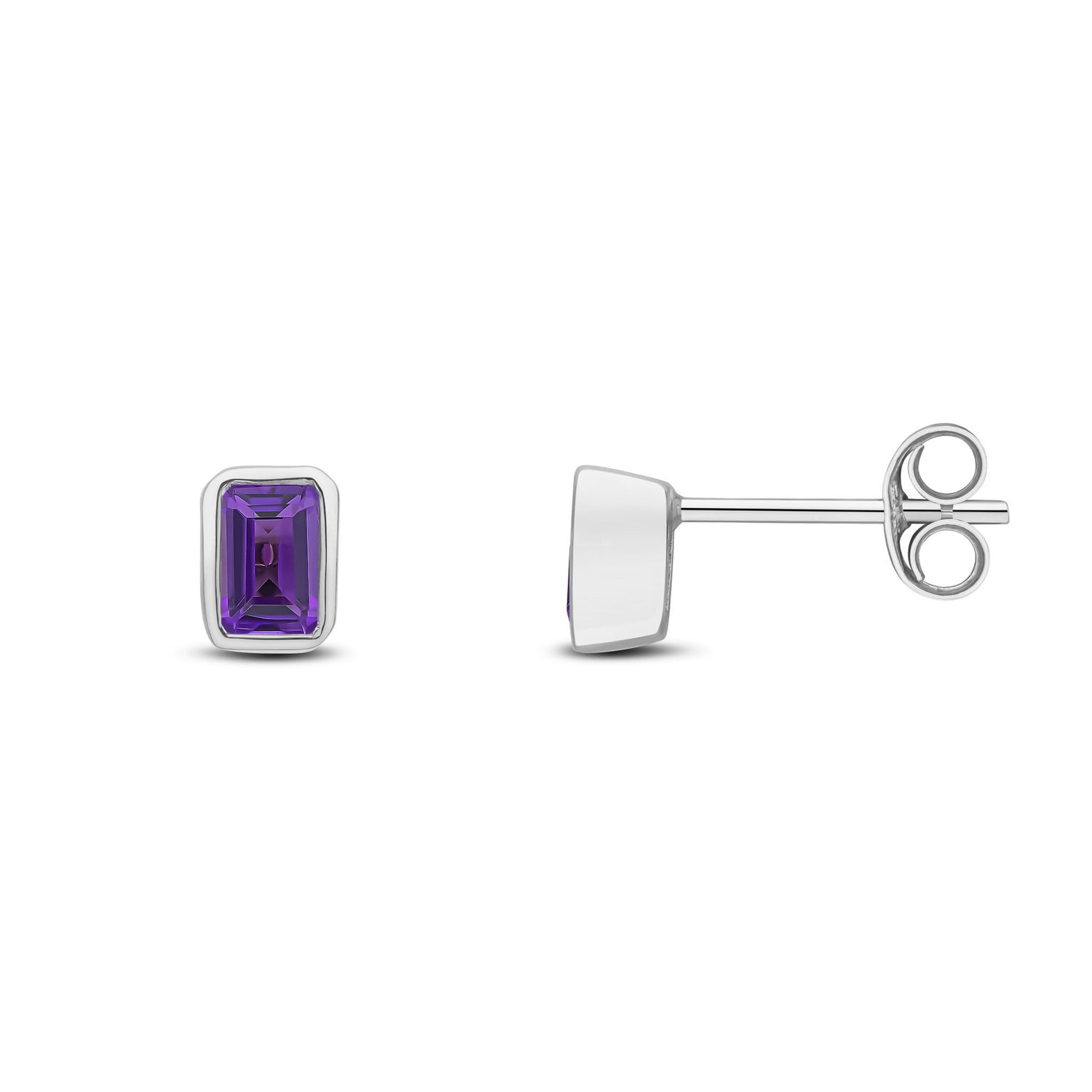 9ct White Gold Octagonal Emerald Cut Natural Amethyst Rubover Stud Earrings — 5x3mm