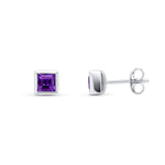 9ct White Gold Square Natural Amethyst Rubover Stud Earrings — 4mm