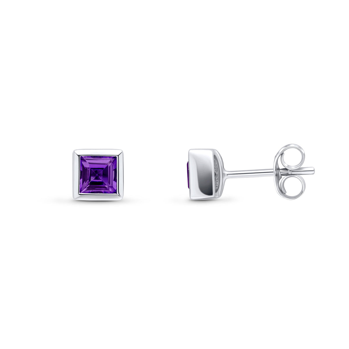 9ct White Gold Square Natural Amethyst Rubover Stud Earrings — 4mm
