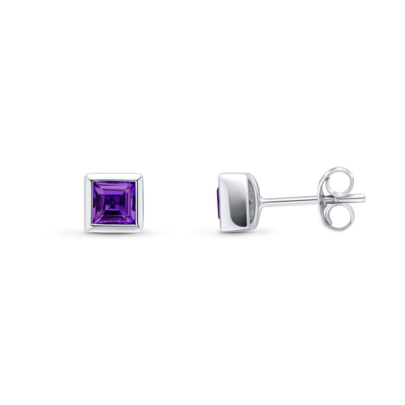 9ct White Gold Square Natural Amethyst Rubover Stud Earrings — 4mm