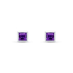 9ct White Gold Square Natural Amethyst Rubover Stud Earrings — 4mm