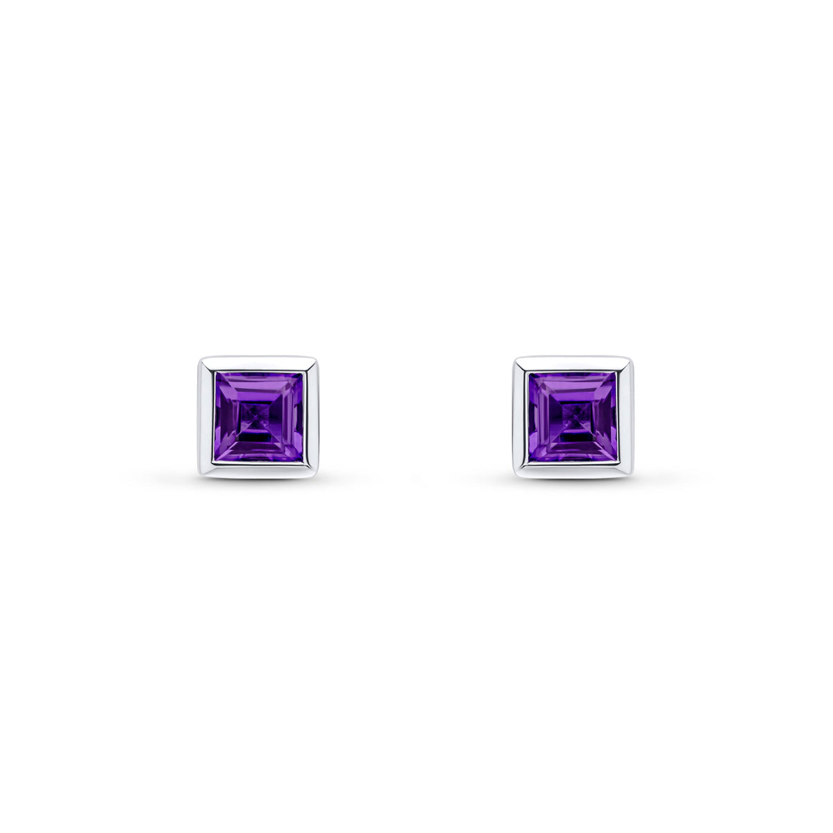 9ct White Gold Square Natural Amethyst Rubover Stud Earrings — 4mm