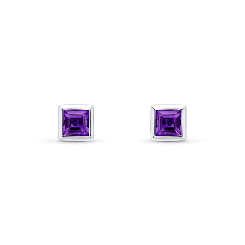 9ct White Gold Square Natural Amethyst Rubover Stud Earrings — 4mm