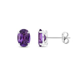 9ct White Gold Oval Natural Amethyst Claw Stud Earrings — 8x6mm