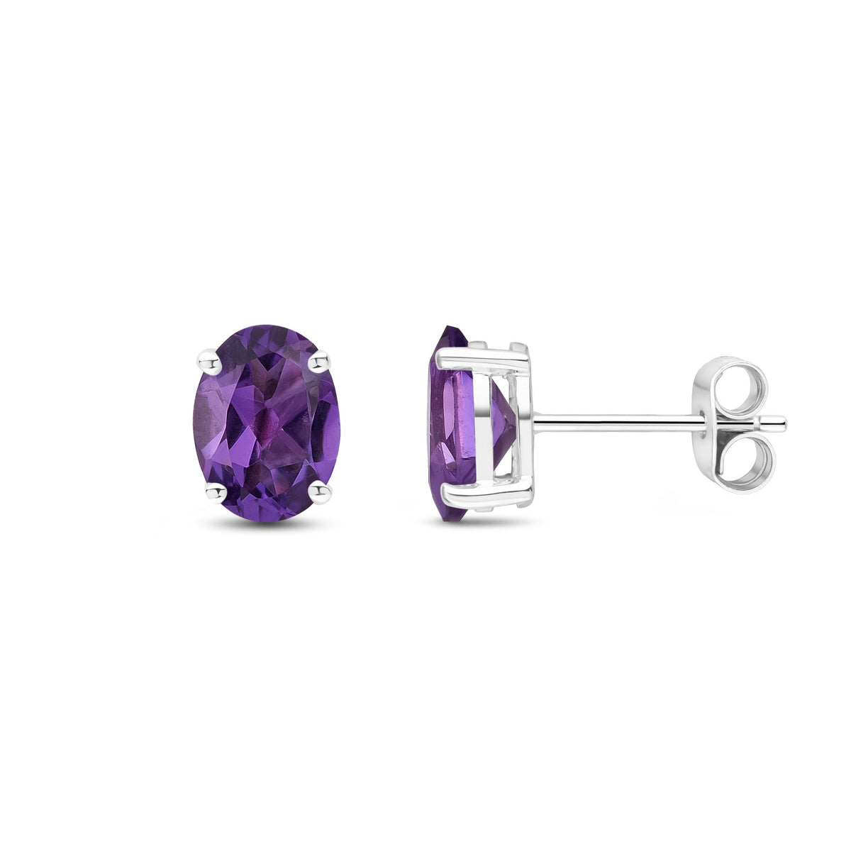 9ct White Gold Oval Natural Amethyst Claw Stud Earrings — 8x6mm