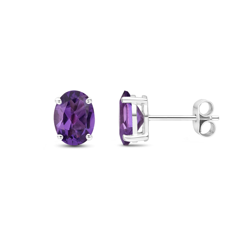 9ct White Gold Oval Natural Amethyst Claw Stud Earrings — 8x6mm