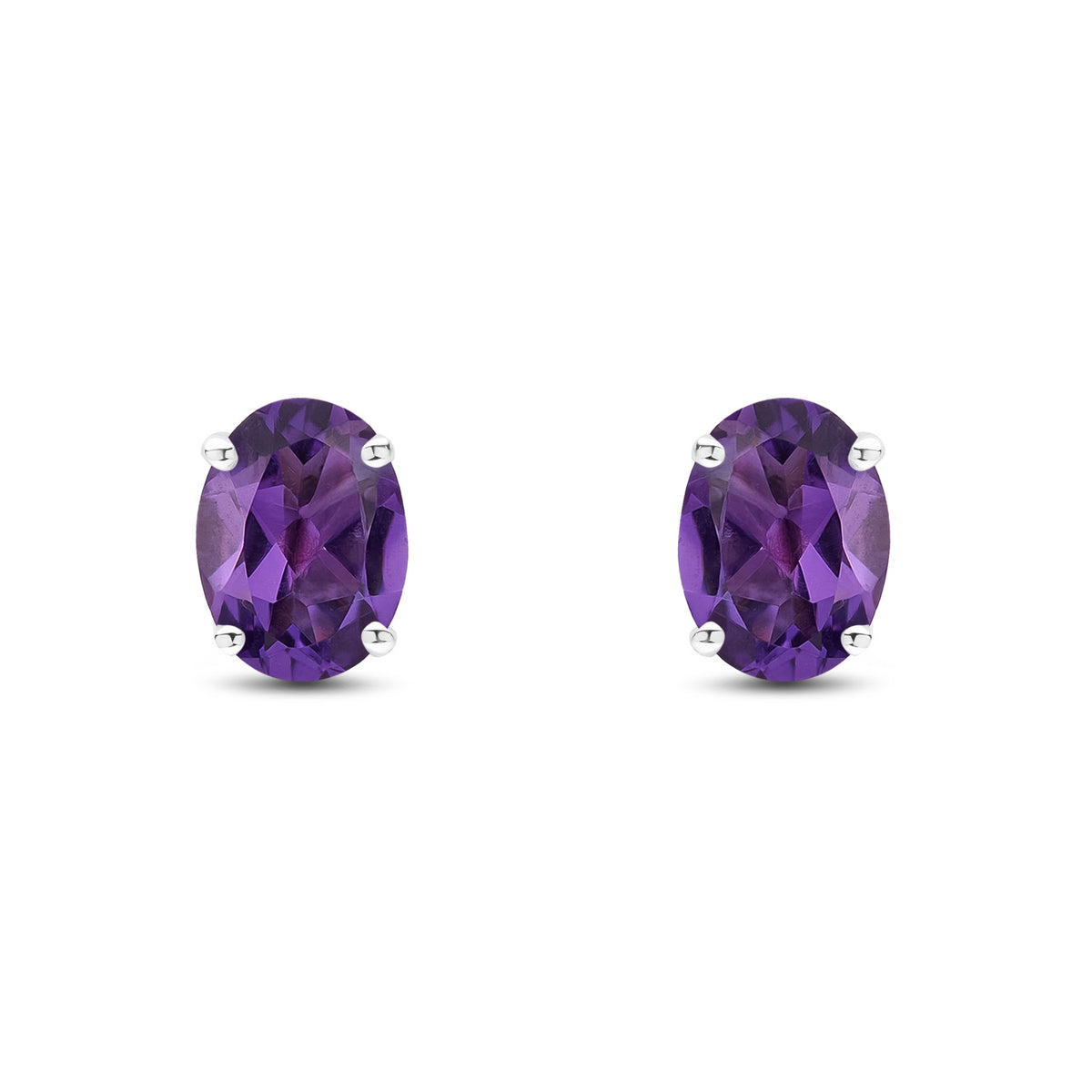 9ct White Gold Oval Natural Amethyst Claw Stud Earrings — 8x6mm