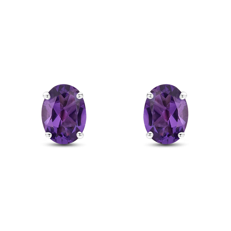 9ct White Gold Oval Natural Amethyst Claw Stud Earrings — 8x6mm