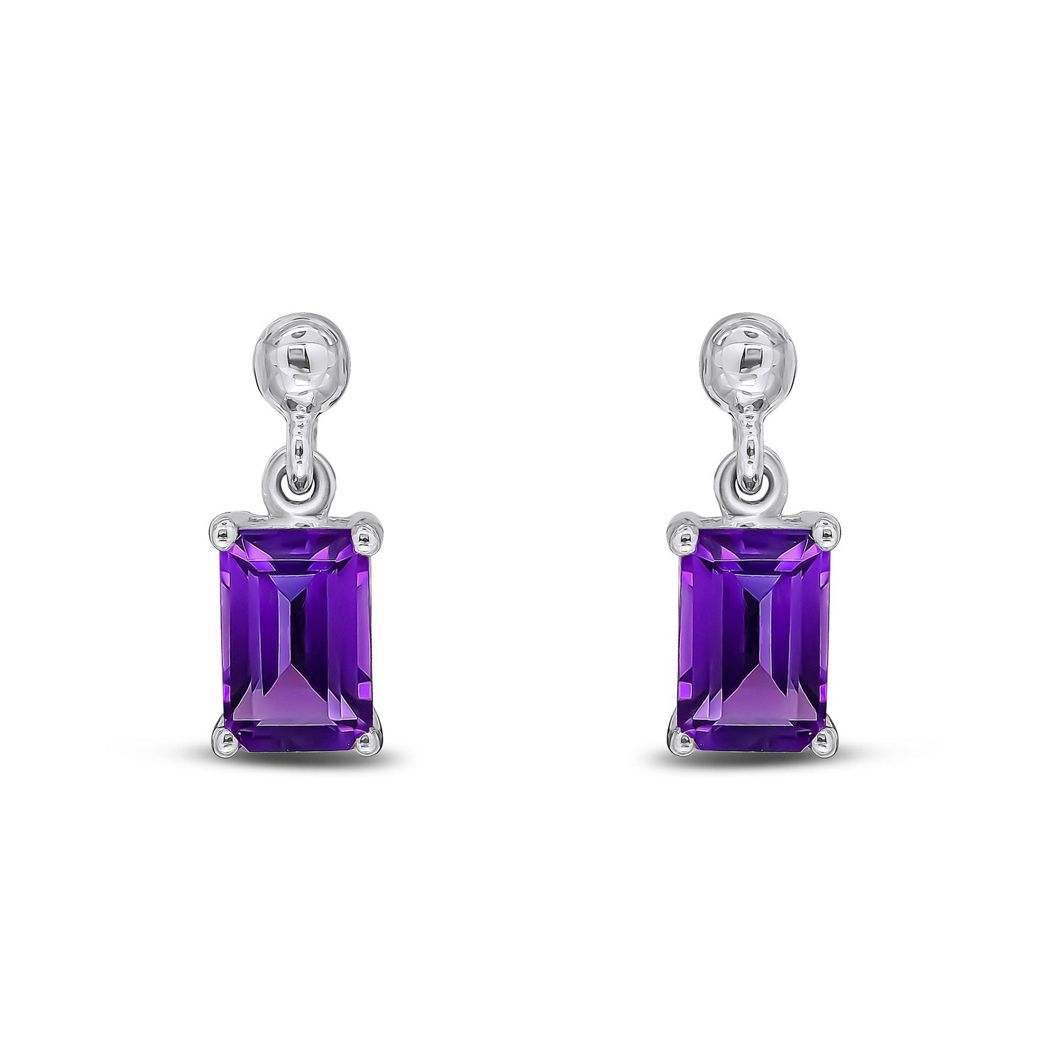 9ct White Gold Octagonal Emerald Cut Natural Amethyst Claw Drop Earrings — 6x4mm