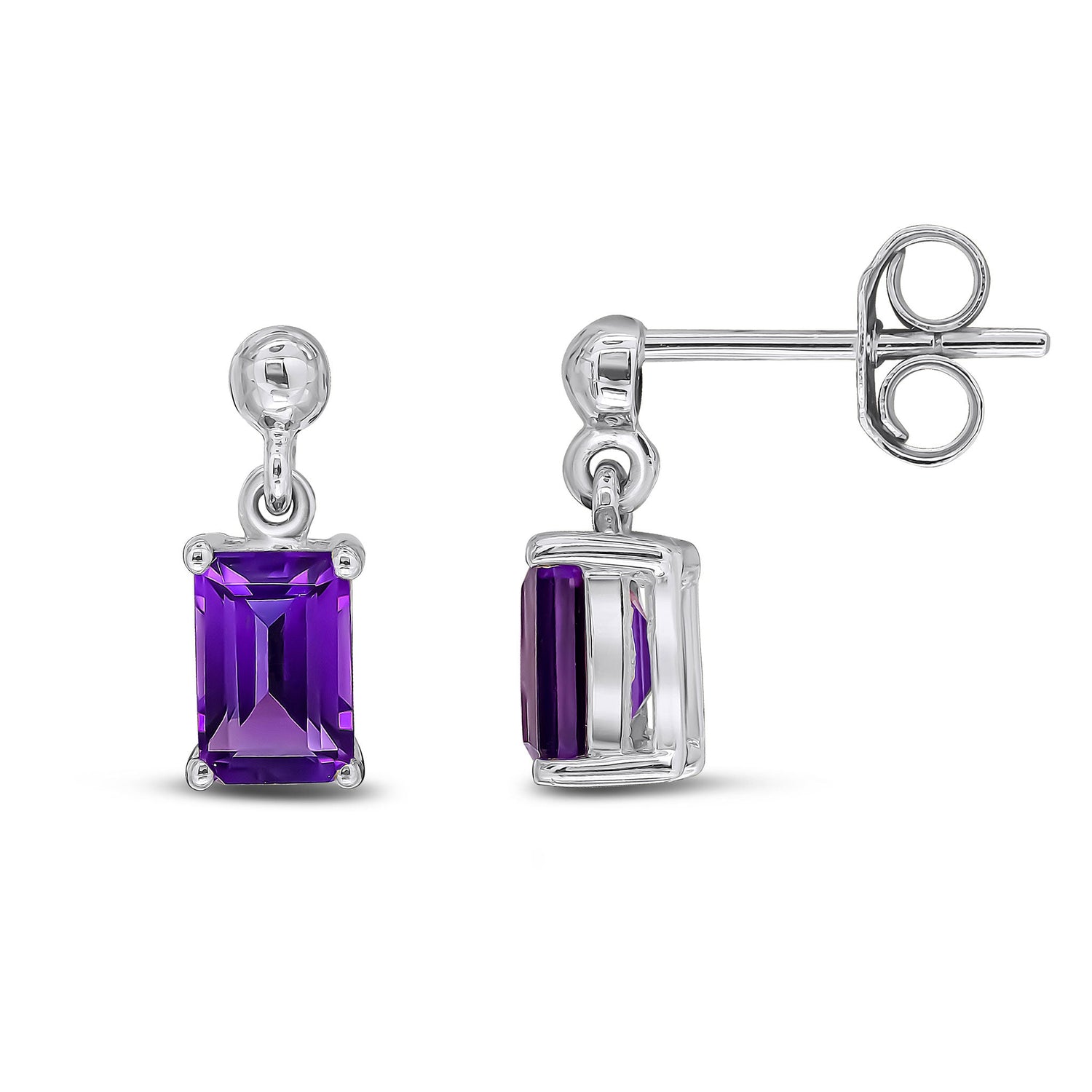 9ct White Gold Octagonal Emerald Cut Natural Amethyst Claw Drop Earrings — 6x4mm