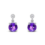 9ct White Gold Round Natural Amethyst Claw Drop Earrings with Bead Top — 6mm
