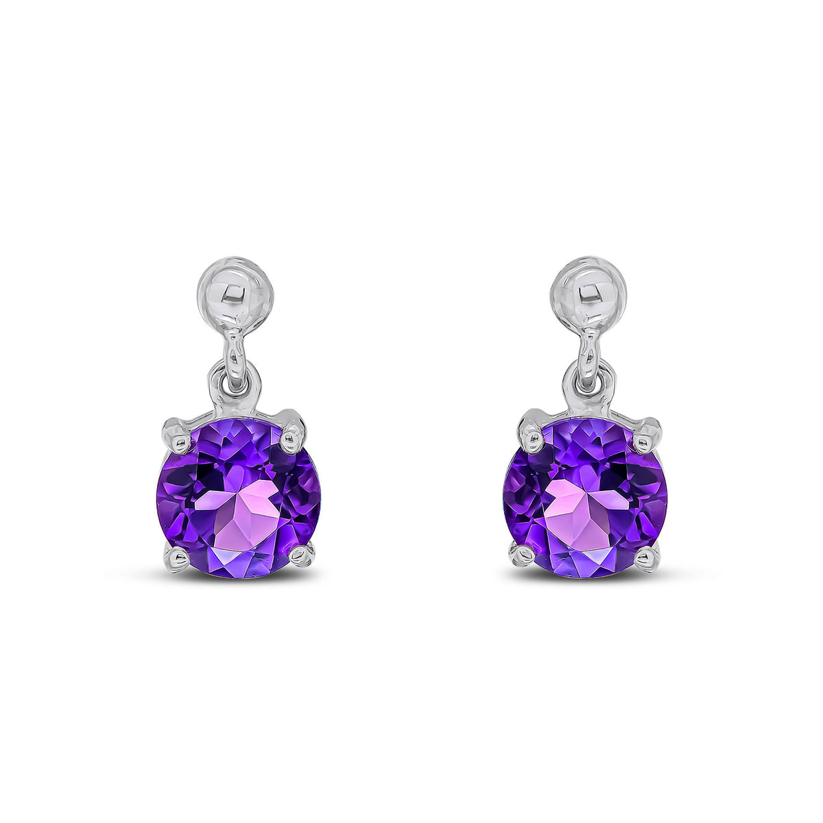 9ct White Gold Round Natural Amethyst Claw Drop Earrings with Bead Top — 6mm