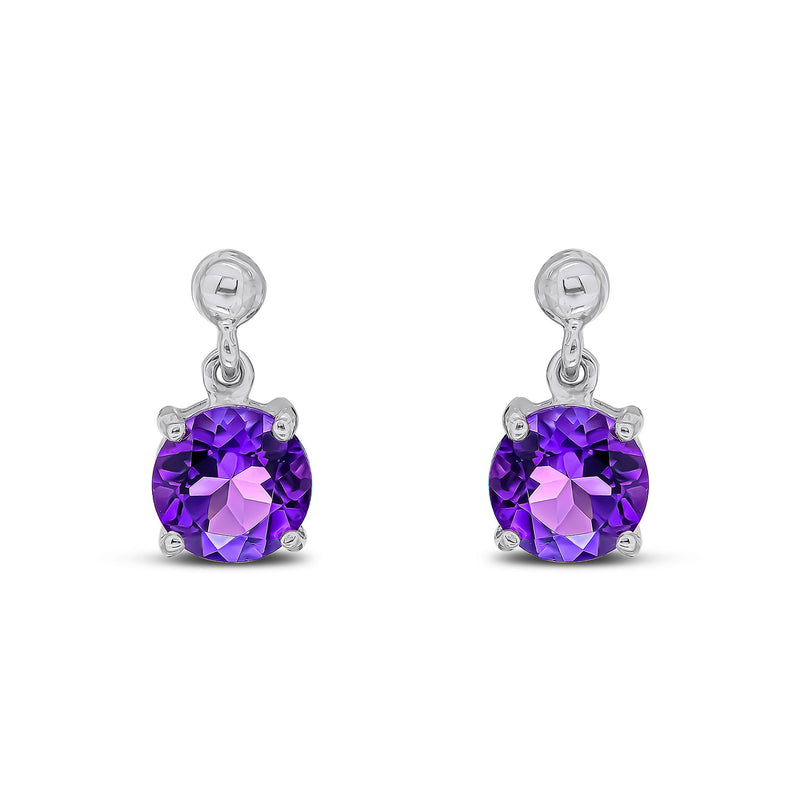 9ct White Gold Round Natural Amethyst Claw Drop Earrings with Bead Top — 6mm