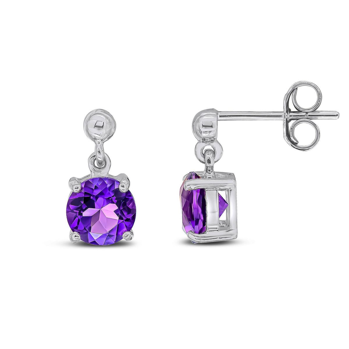 9ct White Gold Round Natural Amethyst Claw Drop Earrings with Bead Top — 6mm