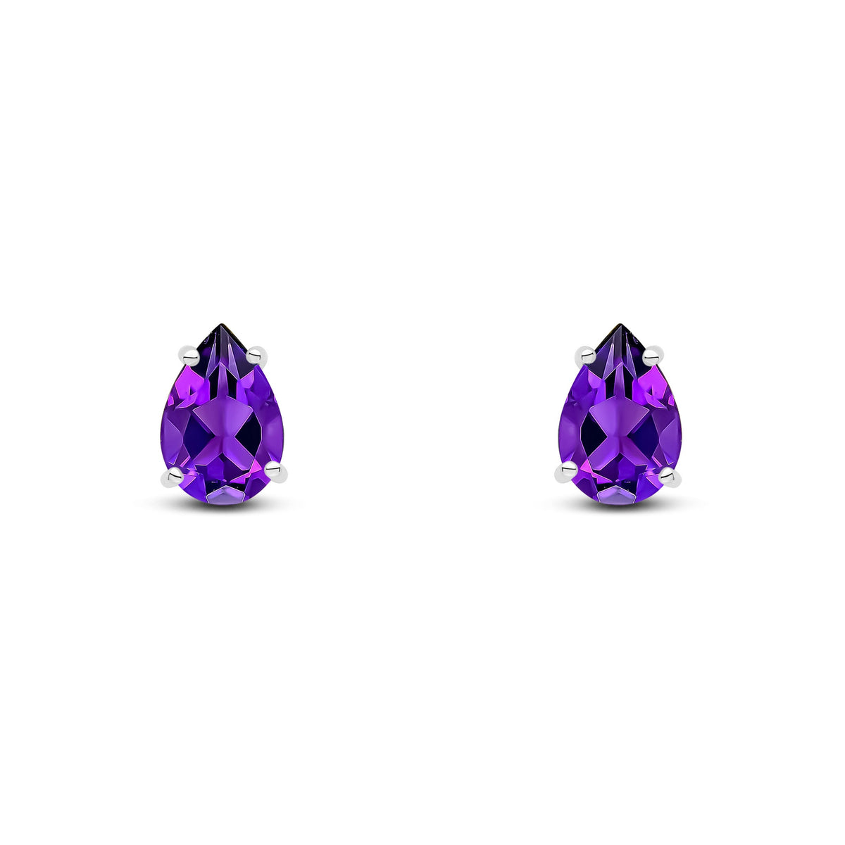 9ct White Gold Pear Shaped Natural Amethyst Claw Stud Earrings — 9x6mm