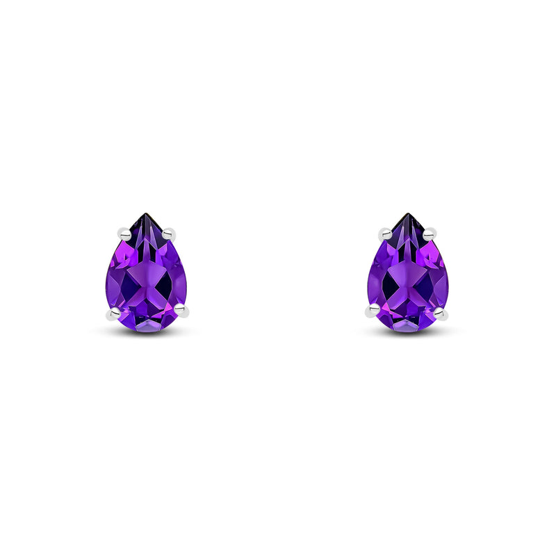 9ct White Gold Pear Shaped Natural Amethyst Claw Stud Earrings — 9x6mm