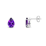 9ct White Gold Pear Shaped Natural Amethyst Claw Stud Earrings — 9x6mm