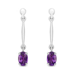 9ct White Gold Oval Natural Amethyst Claw Bar Drop Earrings — 6x4mm