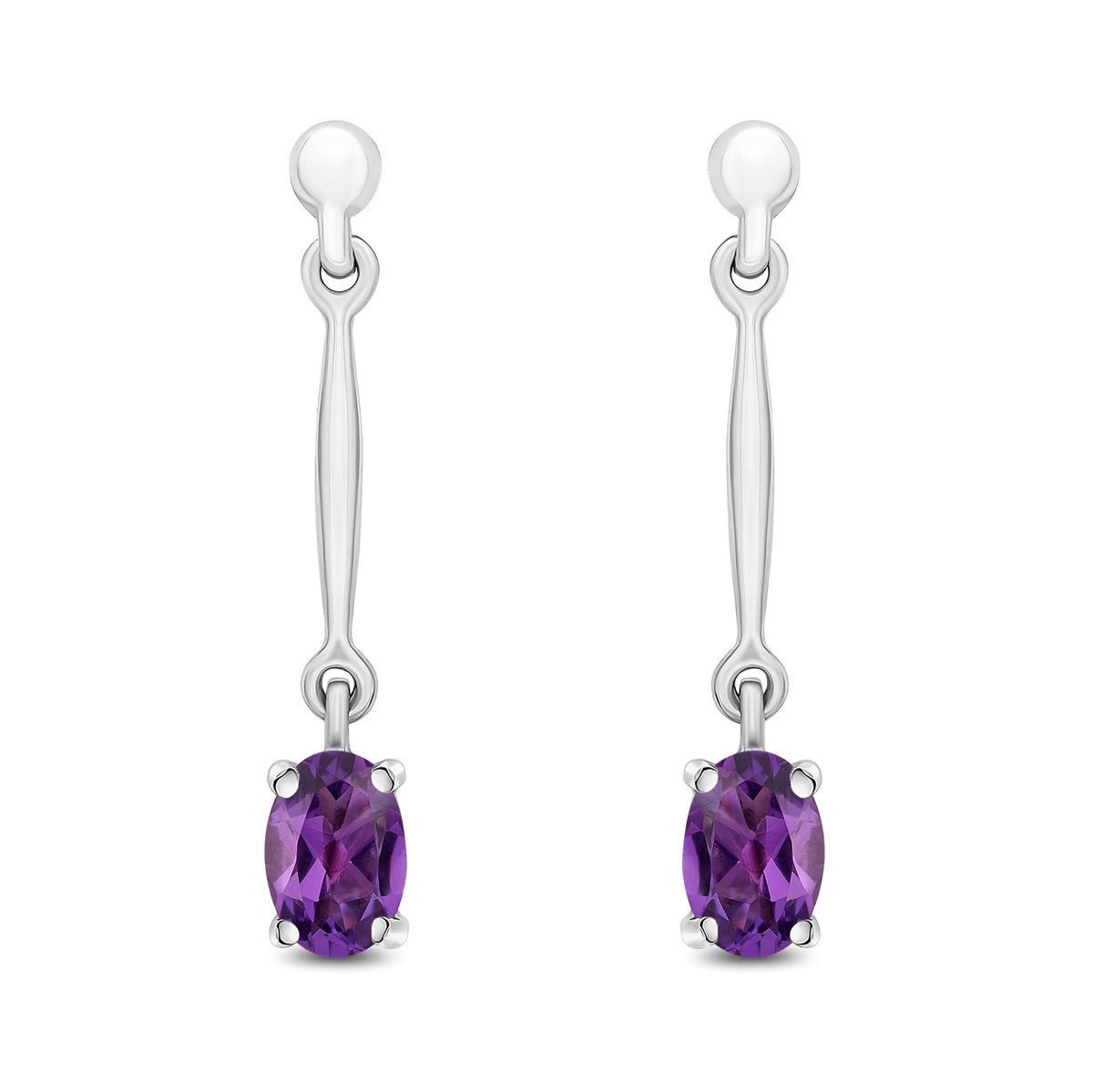 9ct White Gold Oval Natural Amethyst Claw Bar Drop Earrings — 6x4mm