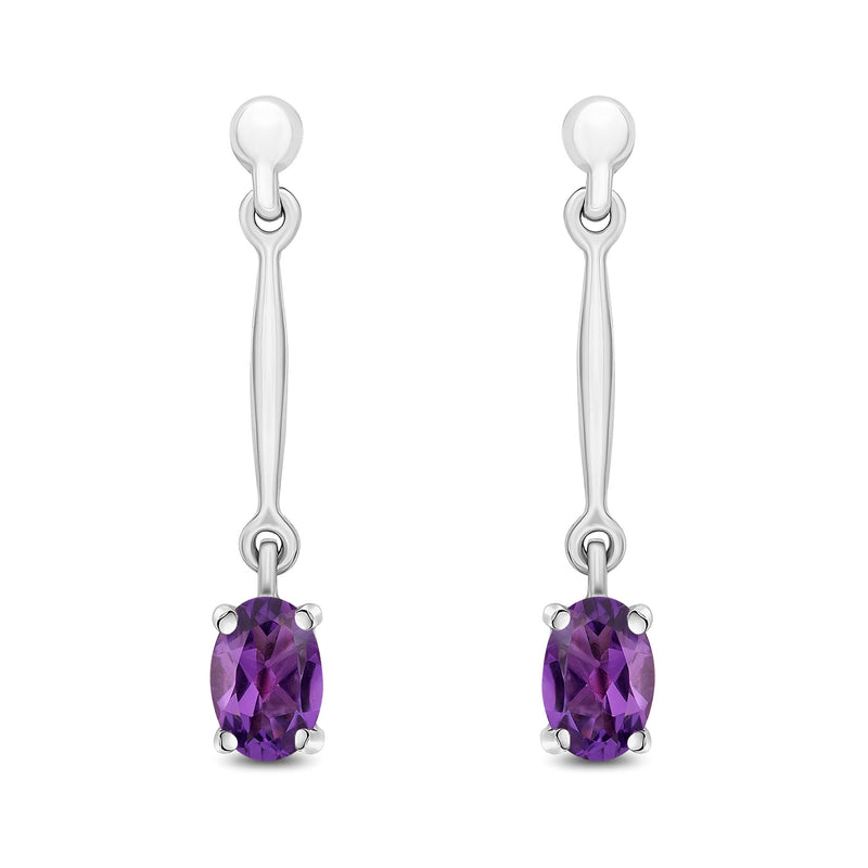 9ct White Gold Oval Natural Amethyst Claw Bar Drop Earrings — 6x4mm