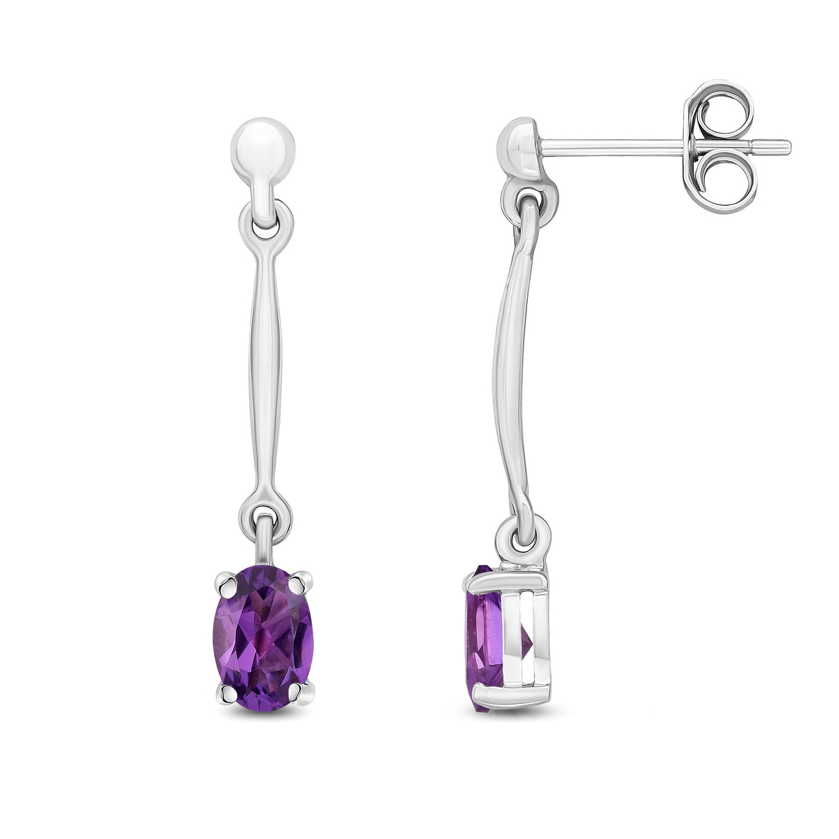 9ct White Gold Oval Natural Amethyst Claw Bar Drop Earrings — 6x4mm