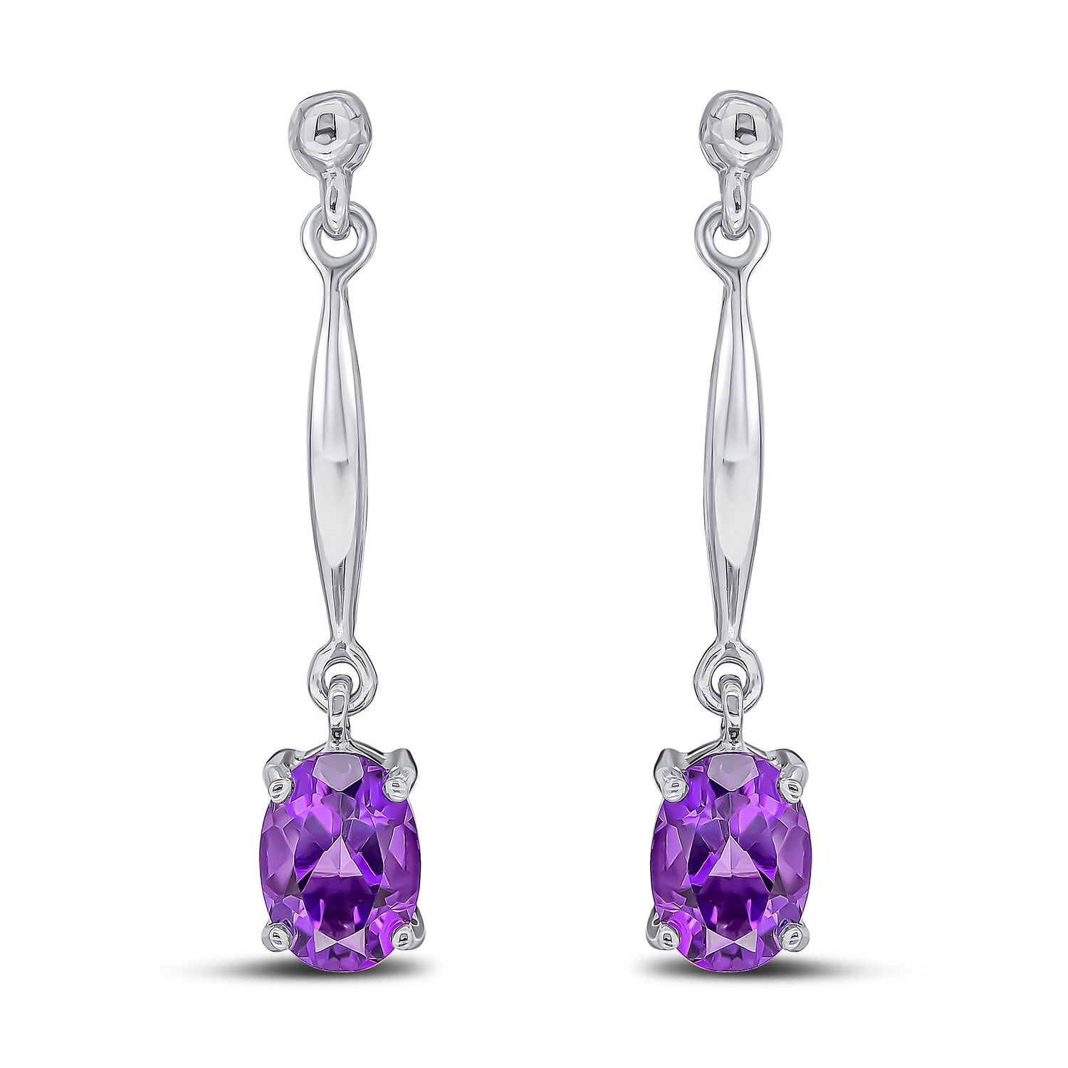9ct White Gold Oval Natural Amethyst Claw Bar Drop Earrings — 7x5mm